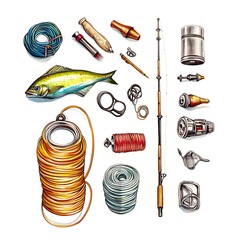 Wall Mural - Watercolor illustration of fishing equipment, including a fish, fishing rod, reels, lures, and various fishing lines.