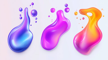 Wall Mural - Set of 3d liquid blobs with abstract colored spheres in motion. vector realistic render of bubbles on a white background, resembling lava lamp elements. Fluorescent Lava Flow. Illustration