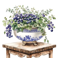 Canvas Print - Watercolor painting of blueberries in a blue and white porcelain bowl on an ornate wooden table.