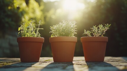 Wall Mural - Three potted plants basking in sunlight, showcasing greenery and natural beauty.