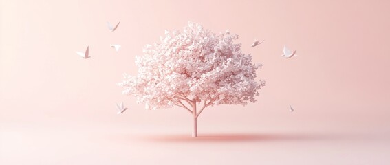 Wall Mural - a serene pink landscape featuring a stylized tree surrounded by flying birds.