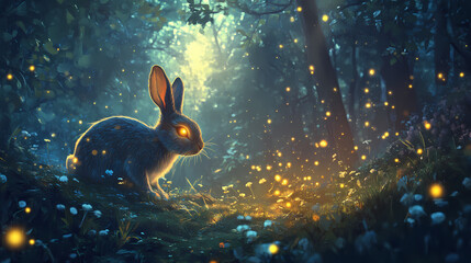 Canvas Print - Enchanted forest at night with glowing rabbit and fireflies magical fantasy landscape digital painting. Enchanted Firefly Night. Illustration