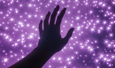 Wall Mural - a silhouetted hand reaching towards a starry, purple cosmic background.