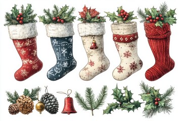 Wall Mural - A set of various popular Christmas item including Christmas stockings, holly leaves, and decorative bells positioned individually with sharp, clear edges, making them ideal for design and creative 
