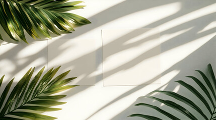 Wall Mural - two blank cards surrounded by palm leaves and sunlight shadows on white background.