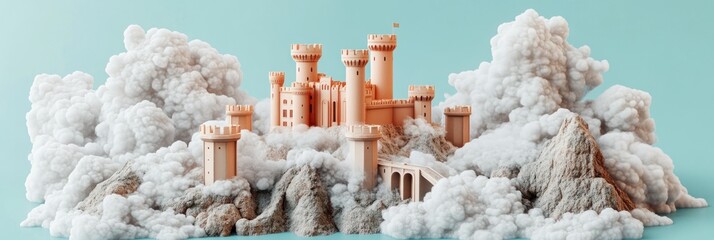 Wall Mural - a whimsical castle surrounded by fluffy clouds and mountains, evoking fantasy and imagination.