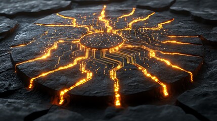 Aufkleber - A glowing circuit pattern embedded in a dark, rocky surface, resembling a sun motif.