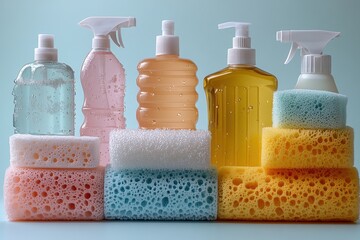 A set of various cleaning products popular that are often encountered in everyday life including sponges, spray bottles, and cleaning cloths positioned individually with sharp, clear edges, 