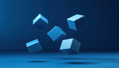 Wall Mural - five blue cubes levitate against a dark blue background.