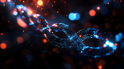 Wall Mural - futuristic blockchain technology illustration digital chain binary code blue glow dark high-tech red