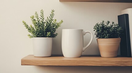 Wall Mural - Wooden Shelf Decorated With Plants And A Mug