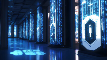 Wall Mural - digital illustration of cybersecurity and data centre protection. shield icon with a padlock symbol 
