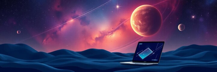 Digital workspace with cosmic elements flowing from computer screen, ideal for web development landing page design, laptop, web development