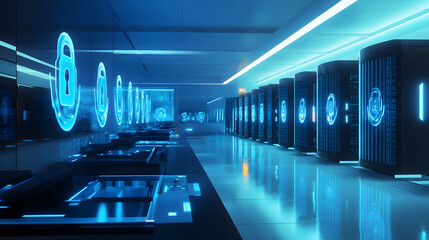 Wall Mural - digital illustration of cybersecurity and data centre protection. shield icon with a padlock symbol 