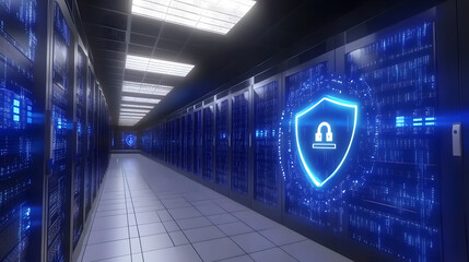 Wall Mural - digital illustration of cybersecurity and data centre protection. shield icon with a padlock symbol 