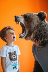 Wall Mural - A child faces a roaring bear. AI.