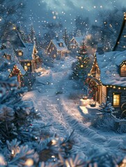 Wall Mural - A snowy village street at night, lit by twinkling lights. AI.