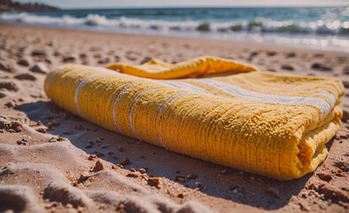 Fototapete - A yellow towel is laying on the sand at the beach. The towel is striped and has white stripes. The beach is calm and peaceful, with the ocean in the background