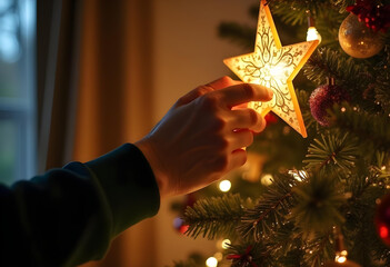 Wall Mural - hand decorates Christmas tree with glowing star ornament, creating warm and festive atmosphere. soft lights and decorations enhance holiday spirit