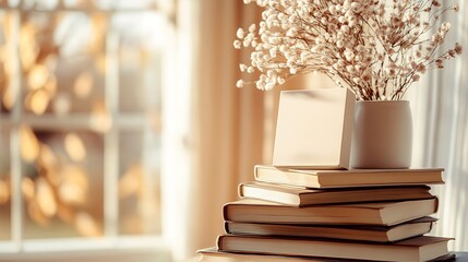 Wall Mural - Dried Flowers Resting on a Stack of Books Near a Window