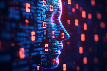 Digital human profile with glowing red and blue light particles representing artificial intelligence machine learning and the future of human machine interactions