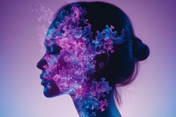 Wall Mural - Artistic silhouette of a woman with glowing pink and blue particles dissolving into space symbolizing imagination abstract thought and emotional depth