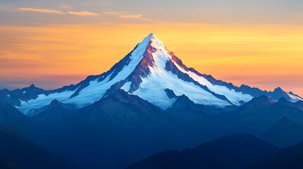 Wall Mural - Majestic Mountain Peak at Sunset: A breathtaking panoramic view of a snow-capped mountain peak bathed in the warm glow of a setting sun, evoking a sense of awe and wonder.