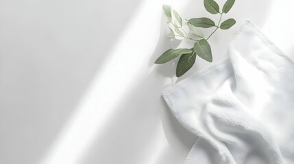 Wall Mural - White towel and green leaves on a bright surface with sunlight.