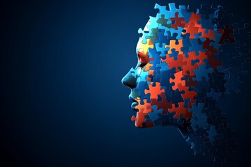 Wall Mural - Female profile filled with scattered blue and orange puzzle pieces glowing against a dark background symbolizing individuality mental clarity and cognitive problem solving