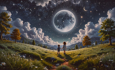 Wall Mural - a child and a small child are walking in a field under a large moon. the sky is cloudy and the moon 