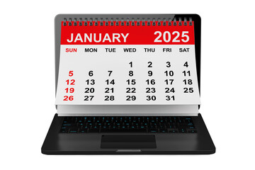 Poster - 2025 year calendar. January calendar over laptop screen. 3d rendering