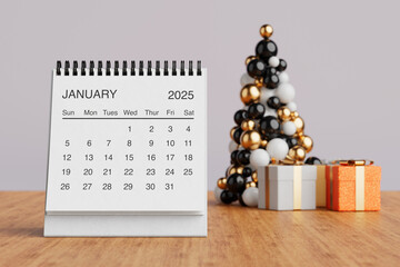 Fototapete - White Desk Monthly January 2025 Business Calendar Near New Year Decoration with Gift Boxes. 3d Rendering