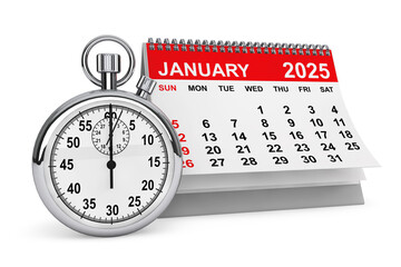 Poster - 2025 Year January Calendar with Stopwatch. 3d rendering