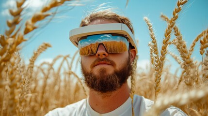 Wall Mural - Man with a beard wearing reflective glasses in a golden wheat field representing sustainability environmental connection and modern agricultural innovation