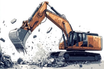 Canvas Print - Heavy Excavator Operating on Construction Site, Shoveling Debris and Crushing Rocks, Symbolizing Engineering Power and Urban Development in Heavy Machinery