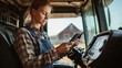 © Leo - Young female tractor operator checking a smartphone inside the cabin representing the integration of digital farming tools and precision technology in modern agriculture