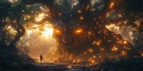 Wall Mural - A lone figure confronts a colossal, glowing tree with a face in a mystical forest.