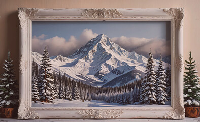 Poster - A framed painting of a snowy mountain landscape with pine trees. The painting is framed in a white frame and is on a table