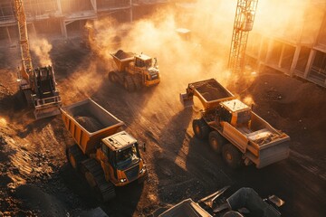 Canvas Print - Heavy Machinery Working Together on Construction Site During Sunset with Dust and Steam Rising, Showcasing Industrial Activity and Progress in Urban Development