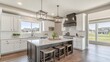 © Asraf - Modern Kitchen Interior Design Featuring Elegant White Cabinets, Spacious Island, Stylish Lighting Fixtures, and Open View of Outdoor Landscape in Bright Natural Light