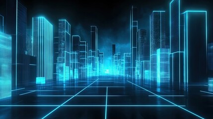 Poster - Futuristic Cityscape with Neon Blue Lines