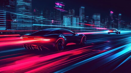 Futuristic Sports Cars Speeding Through Neon Cityscape