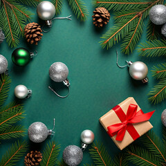 Wall Mural - A festive Christmas scene with ornaments, pine branches, and a wrapped gift on a green background