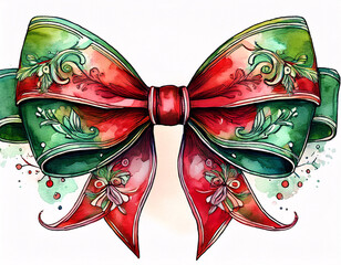 Wall Mural - A festive red and green bow with intricate details, rendered in a watercolor style