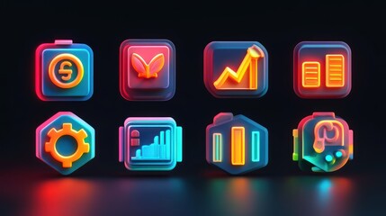 Neon Glowing App Icons Displaying Diverse Functions