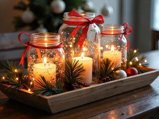 Wall Mural - Cozy holiday decor with jar candles and festive touches for a warm ambience, photography of interior decor concept.