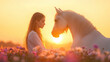 © icehawk33 - serene scene of woman and white horse at sunset, surrounded by colorful flowers. warm glow of sun enhances magical atmosphere, creating moment of connection and tranquility