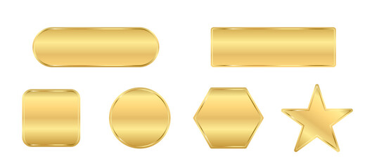 gold buttons badges different shapes set. golden blank banners, icons, emblems design vector illustr