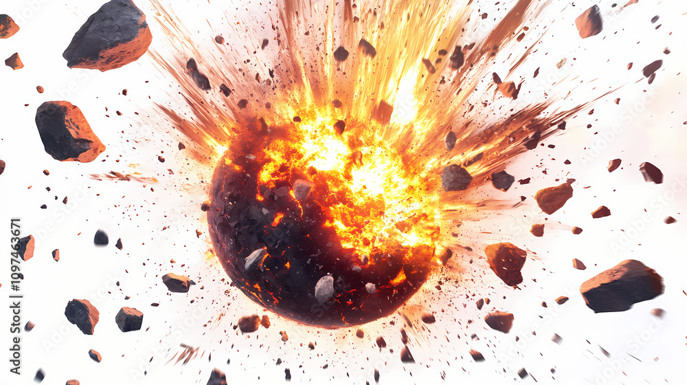 Earth explosion with meteorites and debris and rocks isolated on white ...