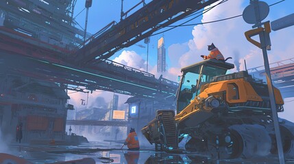 Wall Mural - A Futuristic Cityscape with a Cat on a Construction Vehicle